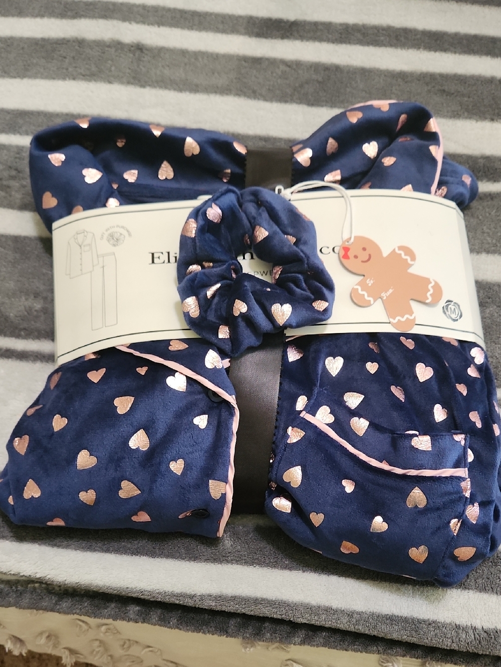 Navy Satin Heart Pajama Set with Rose Gold Hearts